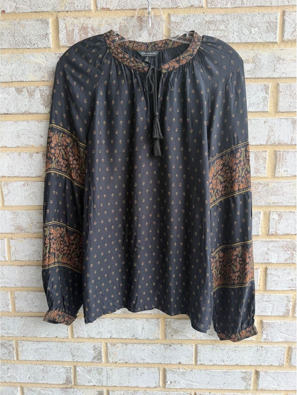 Lucky Brand Long Sleeve Tie Neck Peasant Boho Pullover Blouse Women's Size M